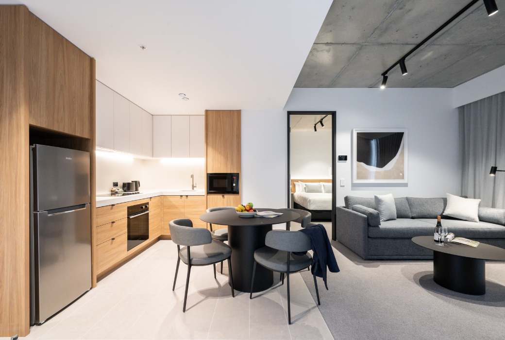 kitchen and living area in apartment