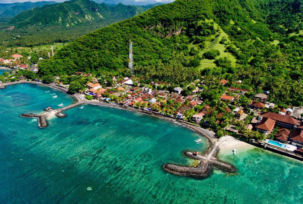 Aerial view of the beautiful bay in Candidasa Beach, Bali, Indonesia.
