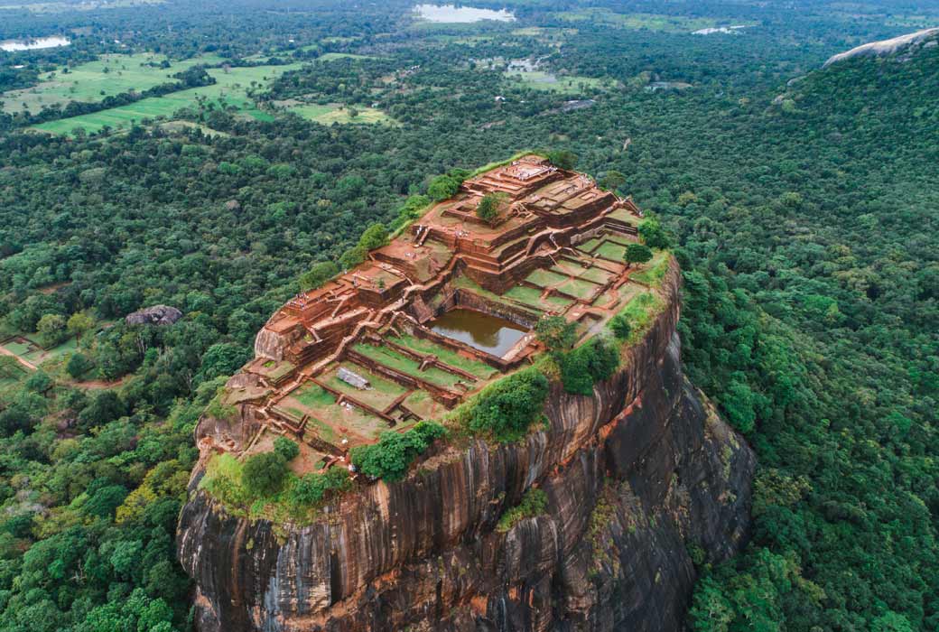 Sigiriya Lion's Rock of Fortress in the middle of the forest in Sri Lanka island
