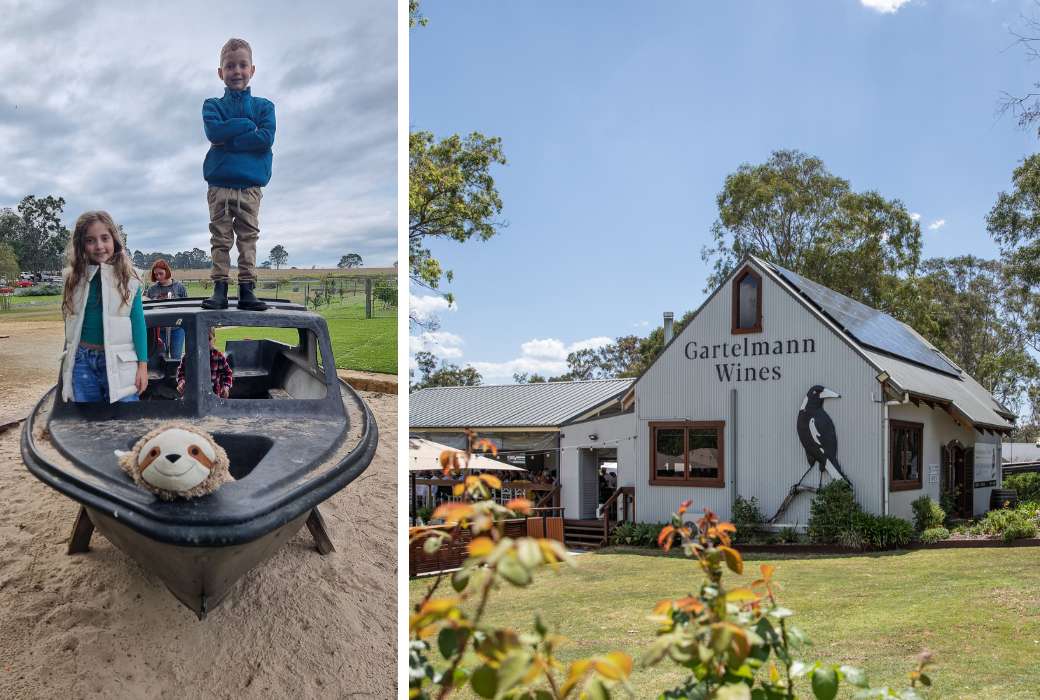 Kids playing in a boat at Gartelmann Wines